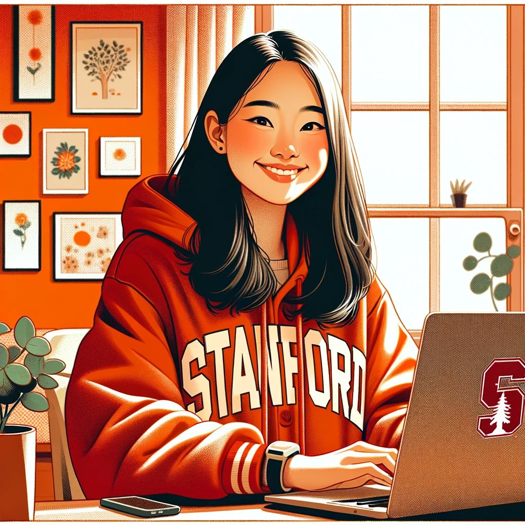Cartoon image of a girl from Stanford typing at laptop